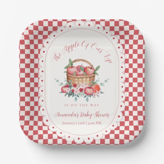 Rotes Gingham-Blumen-Ernte-Apfel-Baby-Party Pappteller (Vorderseite)