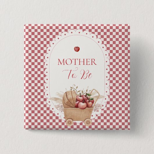 Rotes Gingham Boho Apfel Mutter-To-Be-Baby-Party Button (Vorderseite)