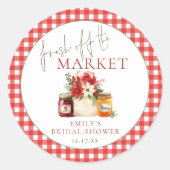 Rotes Gingham-Brautparty: frisch vom Markt Runder Aufkleber (Vorderseite)
