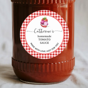 Rotes Gingham-Karo-Label für hausgemachte Tomatens Runder Aufkleber