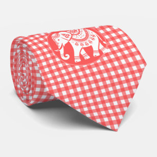 Rotes Gingham-Karo mit weißem Elefanten Krawatte