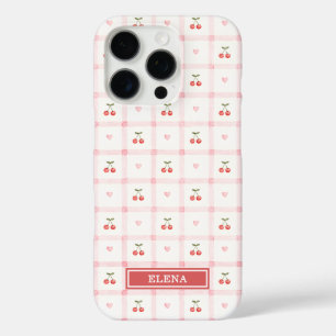 Rotes Gingham mit Kirschen und Schleifen Monogramm iPhone 16 Pro Hülle