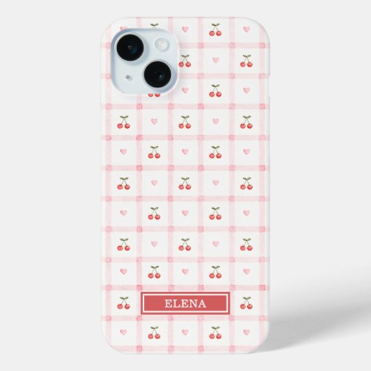 Rotes Gingham mit Kirschen und Schleifen Monogramm Case-Mate iPhone Hülle (Rückseite)