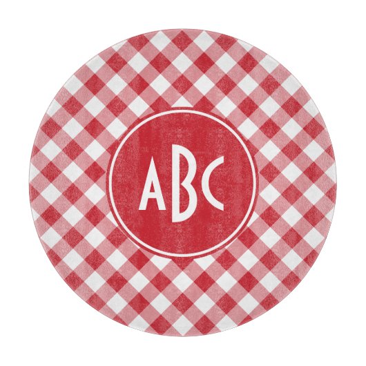Rotes Gingham-Monogramm Schneidebrett (Vorderseite)