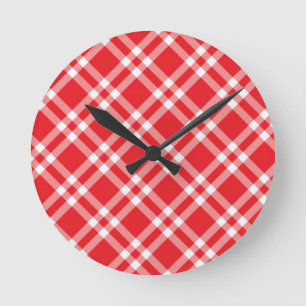 Rotes Gingham-Muster Runde Wanduhr