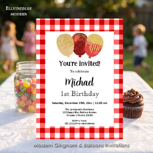 Rotes Gingham, Partyballons 1. Geburtstag Einladung