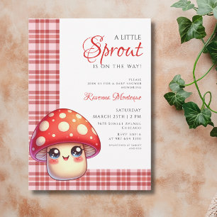 Rotes Gingham-Pilz-Baby-Party für den kleinen Spro Einladung