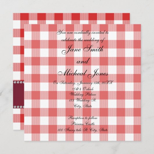Rotes Gingham-Schachbrett des Hochzeitsmonogramms Einladung (Vorne/Hinten)