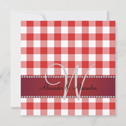 Rotes Gingham-Schachbrett des Hochzeitsmonogramms Einladung (Rückseite)