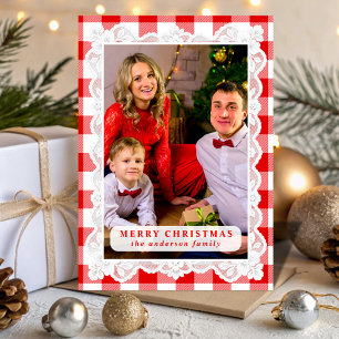 Rotes Gingham-Spitzen-Weihnachtsfoto Feiertagskarte
