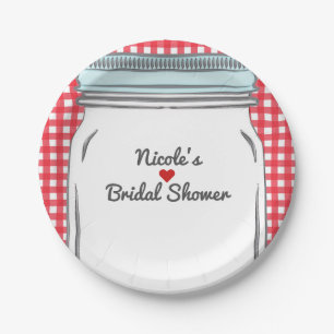 Rotes Gingham und blauer Mason-Krug rustikale Coun Pappteller