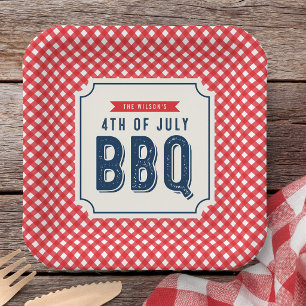 Rotes Gingham und blaues 4. Juli BBQ  Pappteller