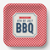 Rotes Gingham und blaues 4. Juli BBQ Pappteller (Vorderseite)