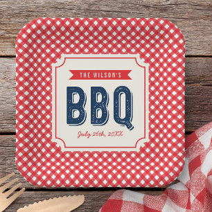 Rotes Gingham und blaues Sommer-BBQ Pappteller