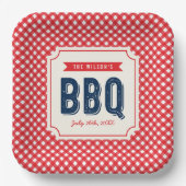 Rotes Gingham und blaues Sommer-BBQ Pappteller (Vorderseite)