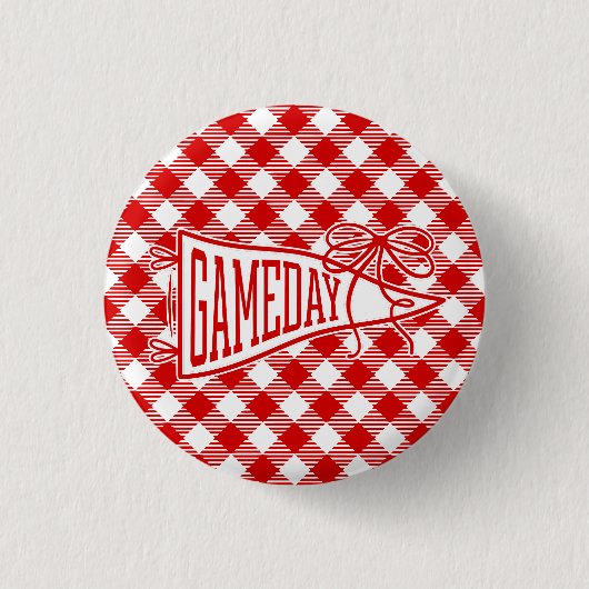 Rotes Gingham-Wimpel-Bow für den Spieltag Button (Vorderseite)