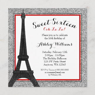 Rotes Glam Paris Themed Imitate Glitzer Süß 16 Einladung