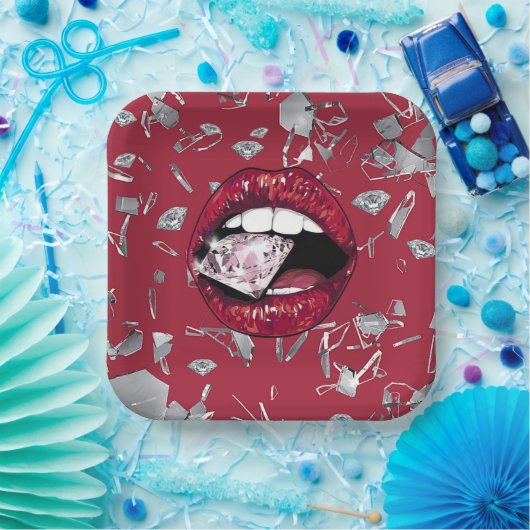 Rotes Glas und Diamanten Pappteller (Party)