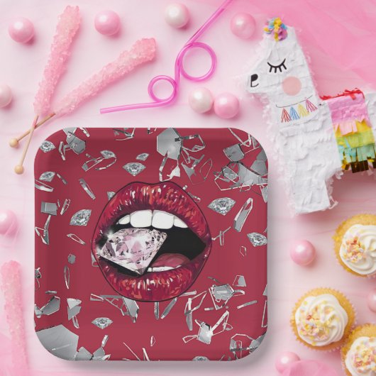 Rotes Glas und Diamanten Pappteller (Party)