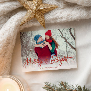 Rotes Glitter-Handschrift-Foto Merry And Bright Postkarte
