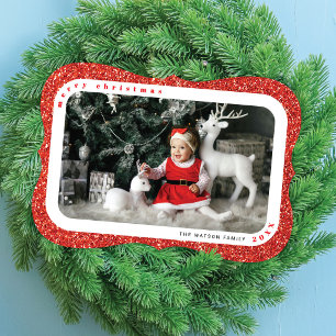 Rotes Glitter-Rahmen-Foto Familien-Weihnachtskarte Feiertagskarte