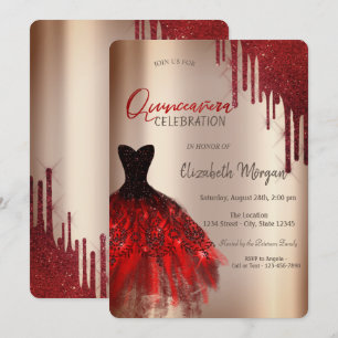 Rotes Glitter-Tropfen-Kleid Quinceañera Einladung