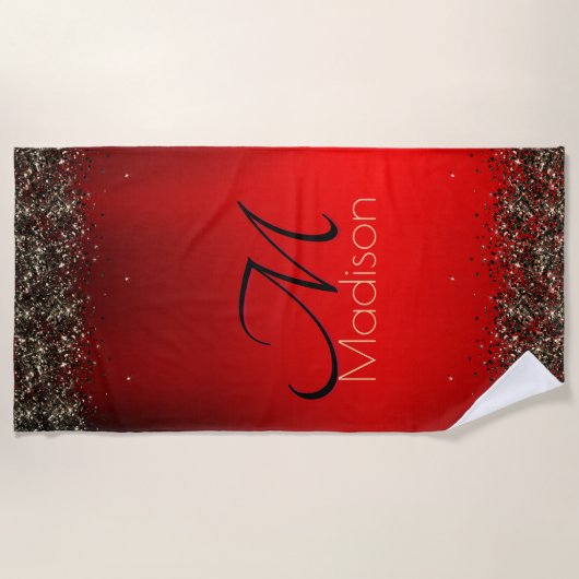 Rotes Glitzer-Monogramm Strandtuch (Vorderseite)