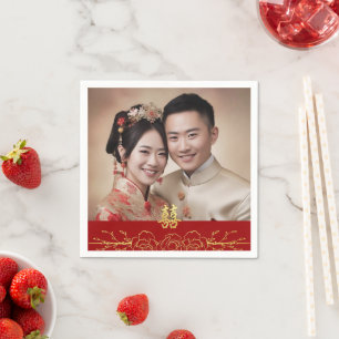 Rotes Gold-Blumen-Chinesisches Hochzeitsfoto Doppe Serviette