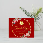 Rotes Gold Blumenkranz Chinesische Hochzeit danke Folie Einladungspostkarte (Stehend vorne)