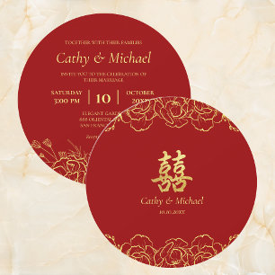 Rotes Gold Blumenrand chinesische Hochzeit doppelt Einladung