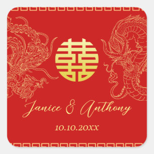 Rotes Gold Chinesischer Hochzeitdrache Phoenix Quadratischer Aufkleber