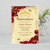 Rotes Gold Elegante Blumenschmetterling Quinceaner Folieneinladung (Stehend vorne)