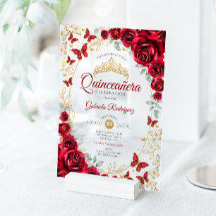 Rotes Gold Floral Quinceanera Acryleinladungen