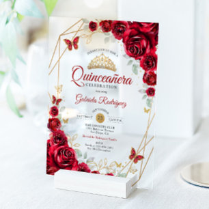 Rotes Gold Florales Quinceanera Acryleinladungen