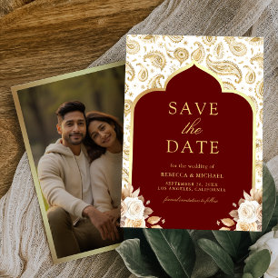 Rotes Gold Paisley Floral Indische Hochzeitsfoto Save The Date