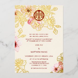 Rotes Gold Pinke Kirschblüten Chinesische Hochzei Folieneinladung