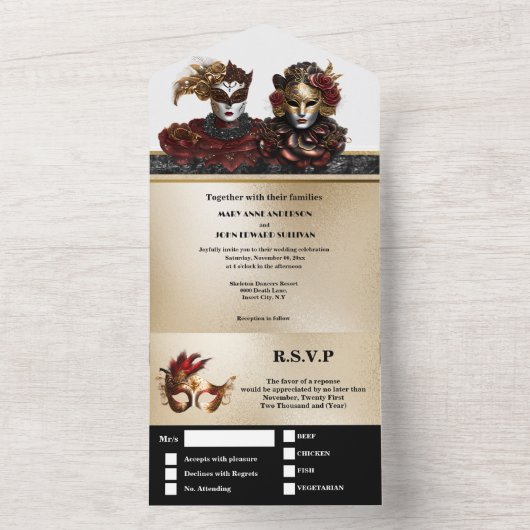 Rotes Gold schwarze Maskerade Hochzeit Karneval Ch All In One Einladung (Innen)