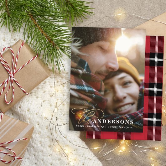 Rotes Gold-Script kariert Erntedank 1 Foto Feiertagskarte