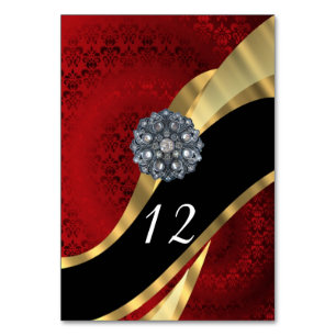 Rotes Gold und eleganter schwarzer Damast Tischnummer