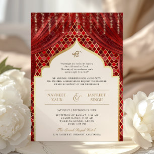 Rotes Gold Vierpass QR-Code Sikh-Hochzeit Einladung