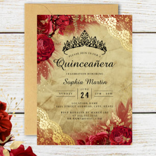 Rotes Goldenes Blumen-Spitzen-Quinceanera  Folieneinladung