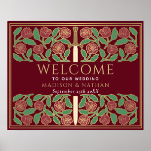 Rotes Goldenes Floralschwert Königliche Hochzeits- Poster