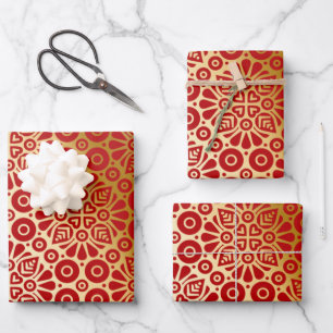 Rotes goldenes orientalisches Muster Geschenkpapier Set