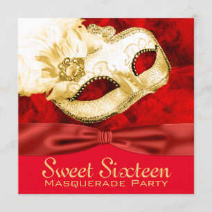Rotes Goldfeder-Maskerade-Party Einladung