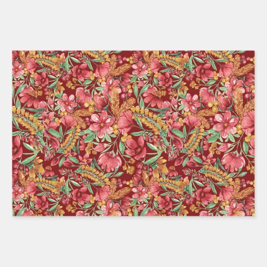 Rotes goldgelbes Blume-Muster Geschenkpapier Set (Vorderseite)