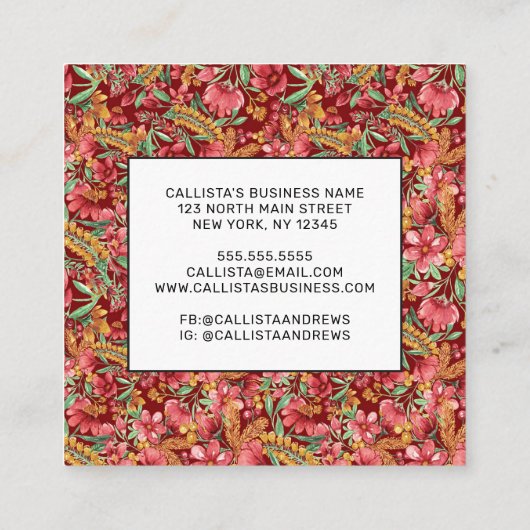 Rotes goldgelbes Blume-Muster Quadratische Visitenkarte (Rückseite)