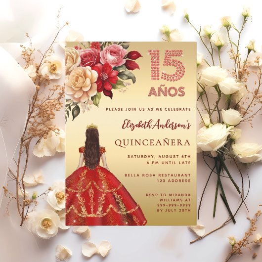 Rotes Goldkleid aus Quinceanera Rose Einladung