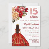 Rotes Goldkleid aus Quinceanera Rose weiß Einladung (Vorderseite)