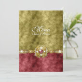 Rotes Goldolivgrüne Damasthochzeit Menükarte (Stehend Vorderseite)