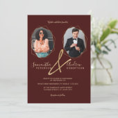 Rotes Goldterrarium Portrait Foto Hochzeit Einladung (Stehend Vorderseite)
